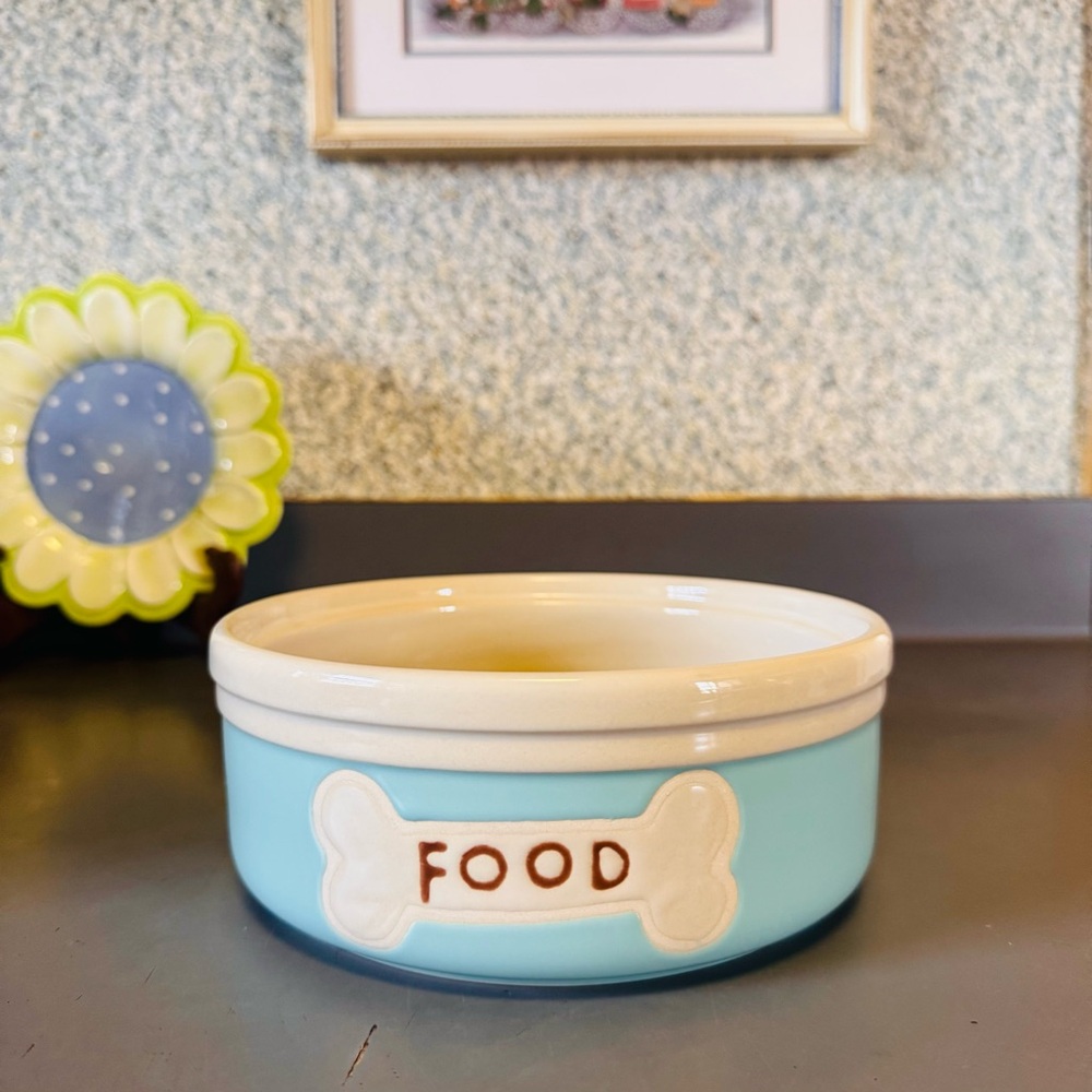 Ceramic Dog Bowl Blue White & Food, Brown Letters With Brown Bone Print